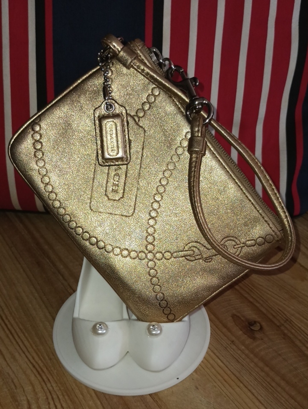 Coach Metallic Gold Wristlet Pouch with Embossed Chain Detail 6x4